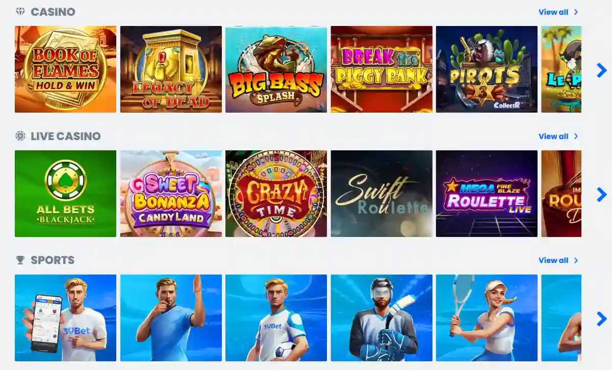 Homepage of the website 30bet review